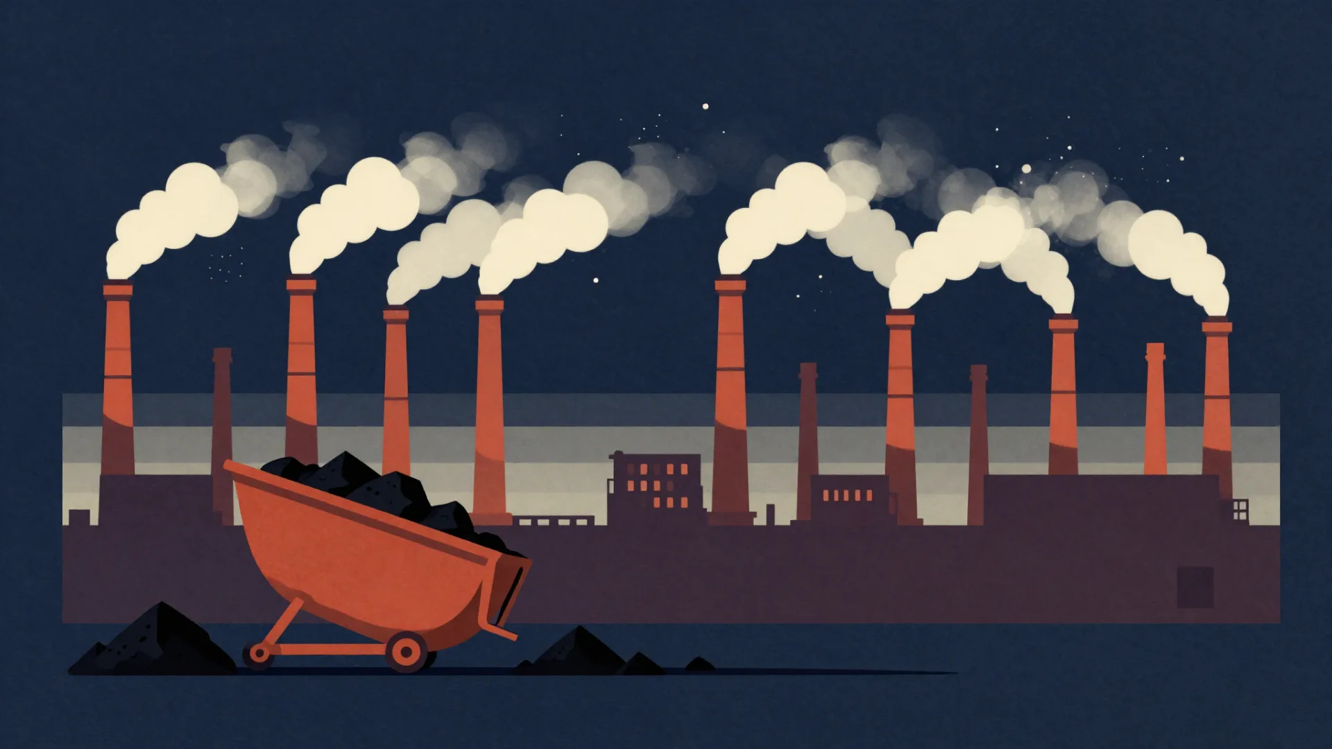 A Victorian industrial cityscape: rows of smokestacks billow into a dark sky while a rust-red coal scuttle in the foreground tips out coal that scatters into more factories on the horizon.